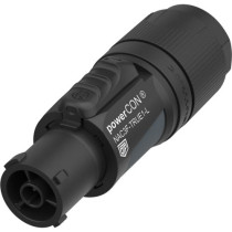 Presa volante NEUTRIK “powerCON TRUE1”  di potenza 16A (USA: 20A) con contatti terminali a vite. Manicotto con ingresso per cavi